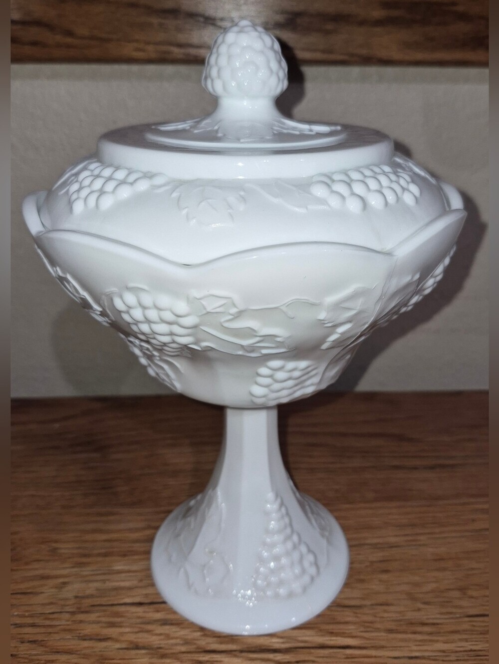 Vintage Indiana Glass Colony Harvest Grape Milk Glass Pedestal Compote with Lid
